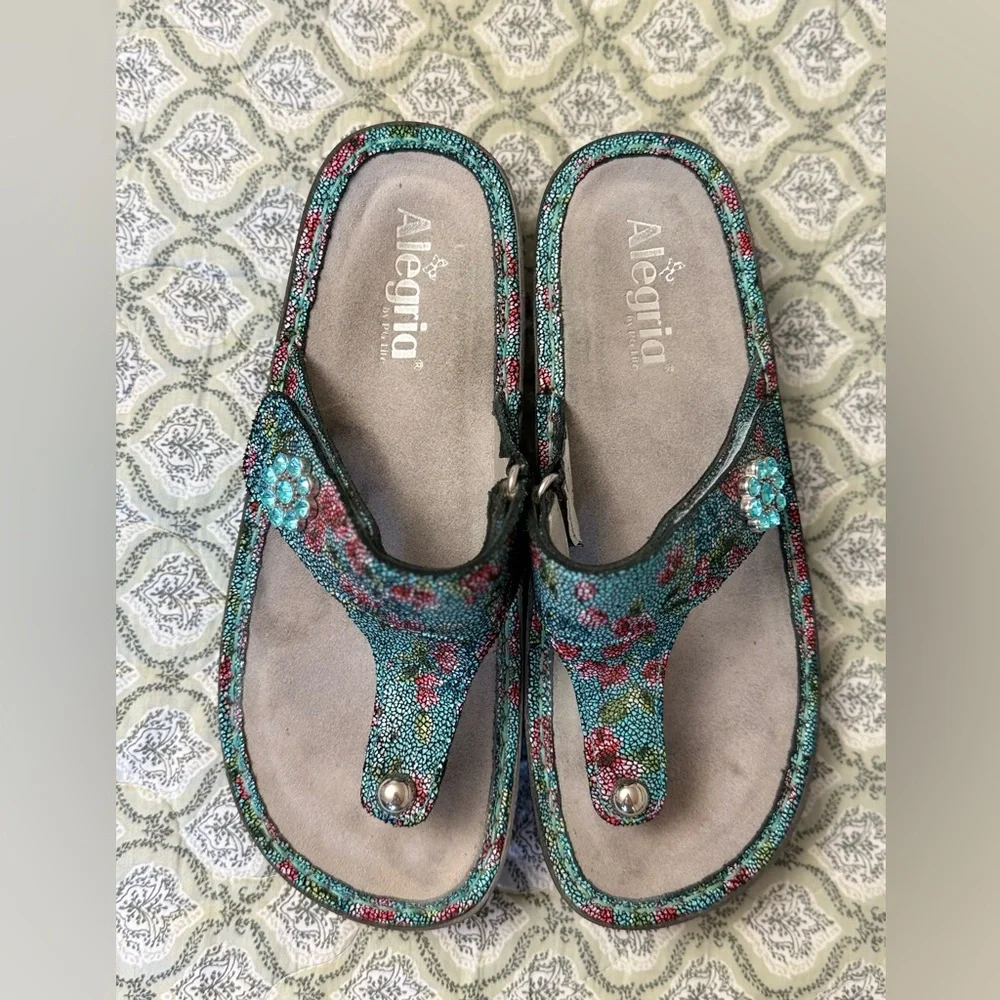 Alegria Carina‎ Aqua Floral Leather Wedge Sandals Women’s Size 39 EU 8.5 US